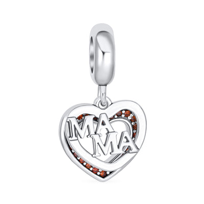 Two Open Hearts BFF MAMA Red Zirconia Dangle Charm Bead for Mom's Silver Bracelet