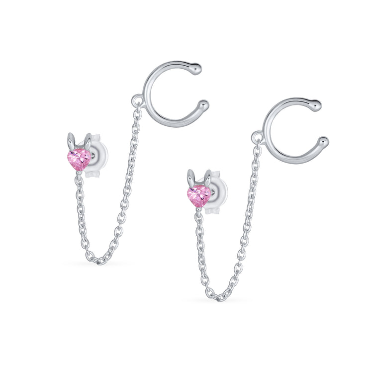 Helix Chain Ear Cuff Cartilage Earrings with CZ Pink Heart in Sterling Silver