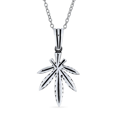 Unisex Retro Hemp Cannabis Leaf Pendant Necklace in Oxidized Sterling Silver