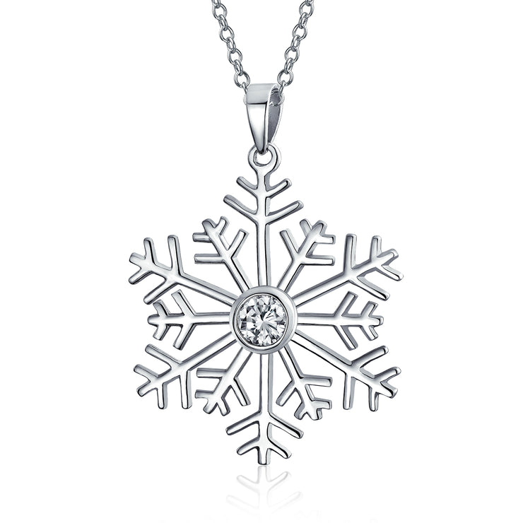 Holiday Winter Snowflake Pendant Necklace CZ High .925 Sterling Silver