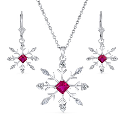 Holiday Party Jewelry Set Pink Rose CZ Snowflake Necklace & Earrings Silver