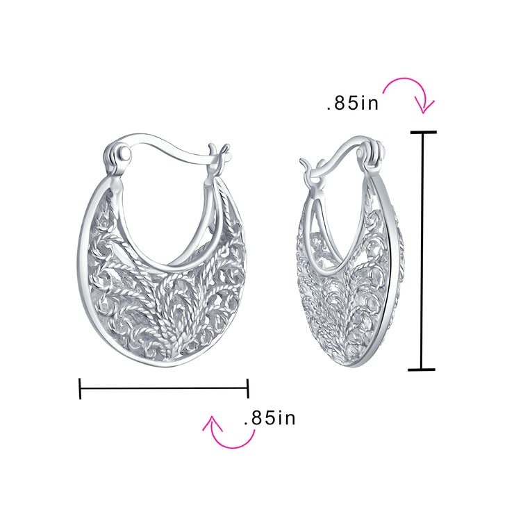 Boho Bali Floral Scroll Filigree Wire Hoop Earrings Sterling Silver