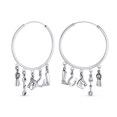 Blue Ribbon Horse Hoop Huggie Earrings with Horseshoe Charms Sterling Silver 2.5"