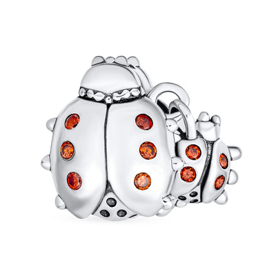 Lucky Mother Child Ladybug Dangle Charm Bead Red CZ .925Sterling Silver