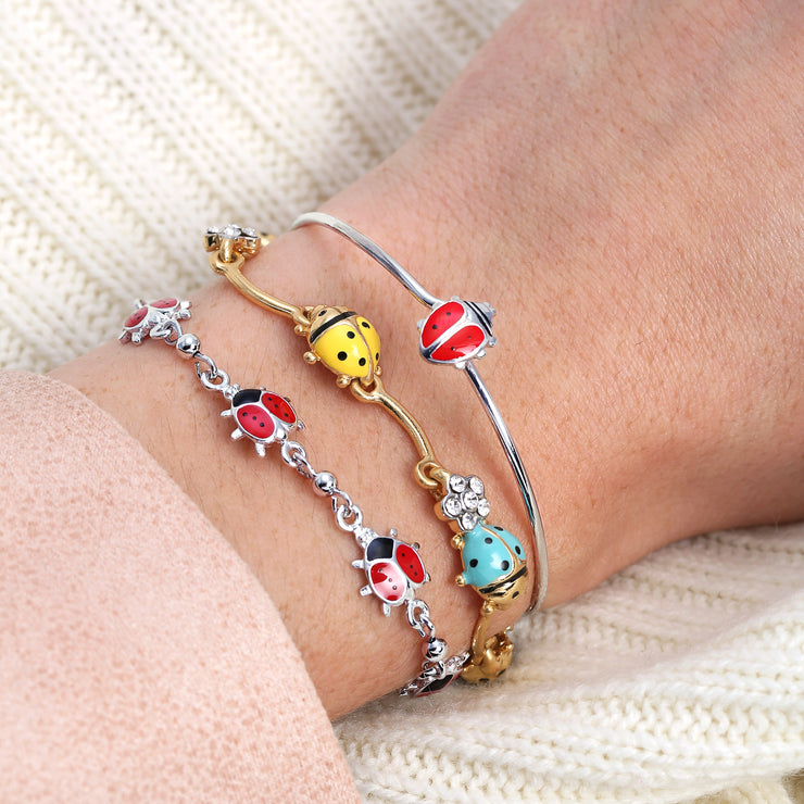 Tiny Red Enamel Ladybug Bangle Bracelet in Sterling Silver, 6 Inch Lucky Charm