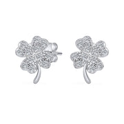 Cubic Zirconia Pave CZ Four Leaf Clover Stud Earrings Sterling Silver