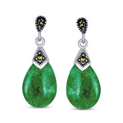 Boho Green Jade Marcasite Teardrop Dangle Earrings .925 Sterling Silver