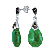 Boho Green Jade Marcasite Teardrop Dangle Earrings .925 Sterling Silver