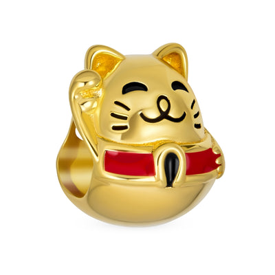 Yellow Maneki Neko Lucky Cat Charm Bead 14K Gold Plated Fits European Bracelet