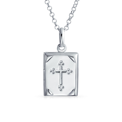 Religious Bible Cross Locket Necklace Holds Pictures .925 Silver