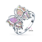 CZ Accent Pink Created Opal Butterfly Ring .925 Sterling Silver