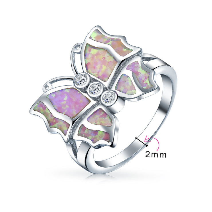 CZ Accent Pink Created Opal Butterfly Ring .925 Sterling Silver