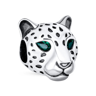 Jaguar Panther Charm Bead with Green CZ Eyes in Oxidized Sterling Silver for Bracelets