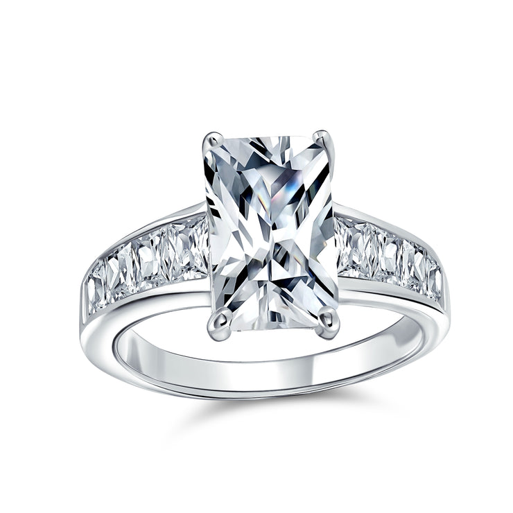 Timeless Classic 4CT Emerald Cut Solitaire Engagement Ring with CZ Baguette Band