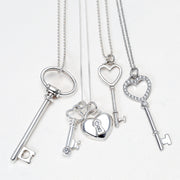 Love Lock & Key Heart CZ Charm Pendant Necklace in Sterling Silver