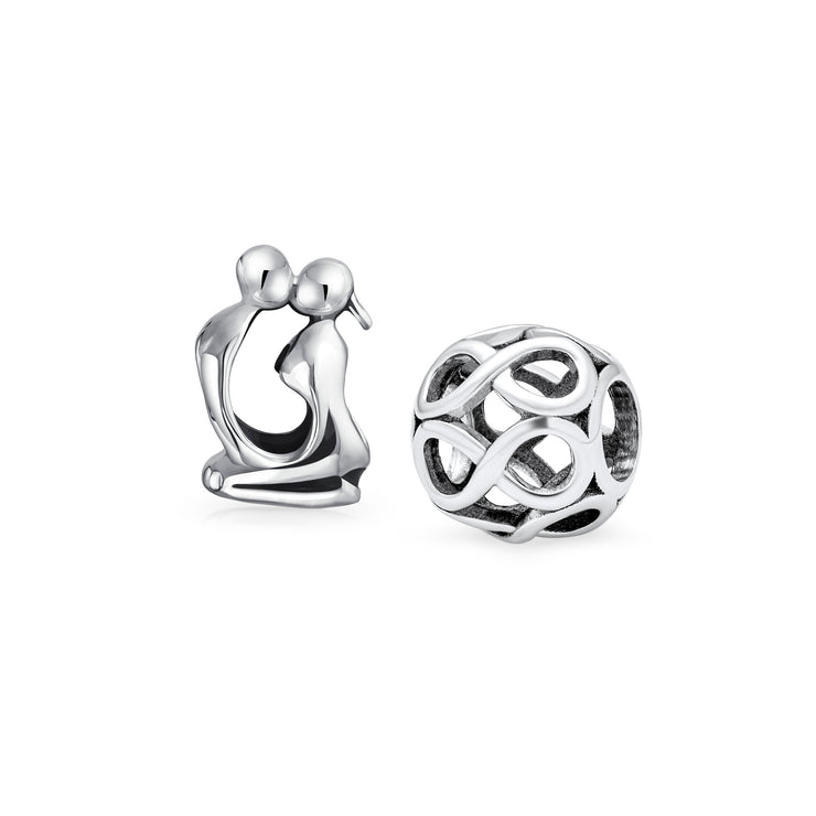 Set of 2 Couples Kissing Lovers & Valentine Heart Knot Spacer Charm Bead Silver