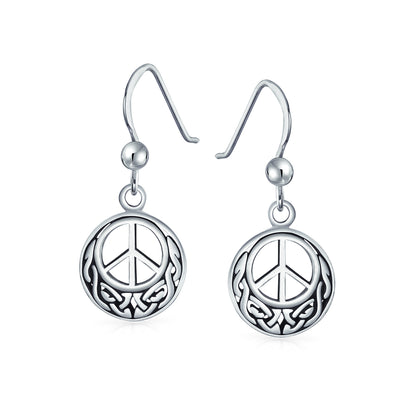 Peace Sign Symbol Celtic Knot Irish Love Drop Earrings Sterling Silver