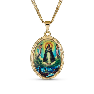 Religious Virgin Mary Oval Medal Pendant Necklace in Gold Plated Finish