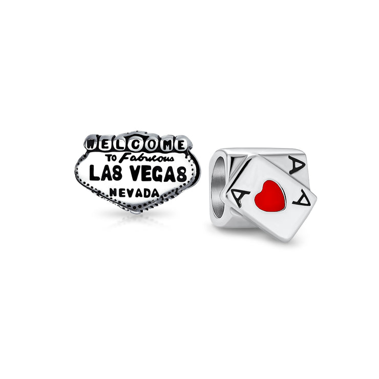 Set of 2 Welcome to Las Vegas and Poker Ace of Hearts Charm Bead Sterling Silver