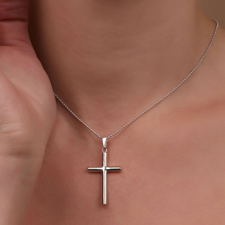 Tiny Petite Religious Flat Cross Pendant Necklace .925 Sterling Silver .50 Inch