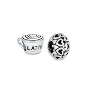 Set of 2 Latte Cup and Open Filigree Heart Charm Bead Oxidized Sterling Silver