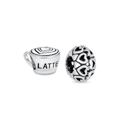 Set of 2 Latte Cup and Open Filigree Heart Charm Bead Oxidized Sterling Silver