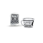 Set of 2 Latte Travel Mug Cup Coffee and Calculator Charm Bead Sterling Silver