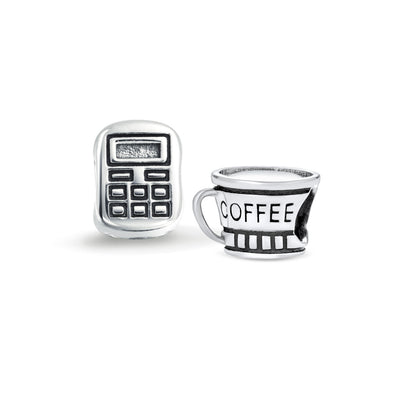 Set of 2 Latte Travel Mug Cup Coffee and Calculator Charm Bead Sterling Silver