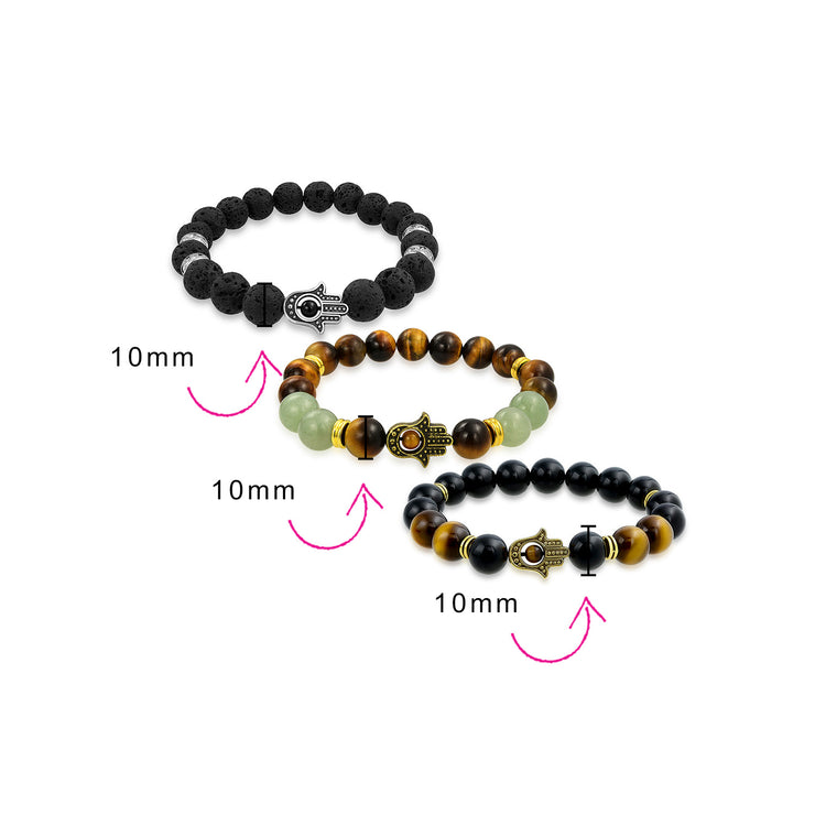 Set of 3 Talisman Amulet Stretch Bracelet Set with Gemstones & Hamsa Hand Charm