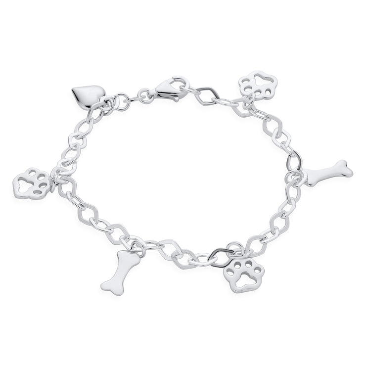 Pet Dog Puppy Heart Bone Paw Print Dangle Charm Bracelet .925 Silver