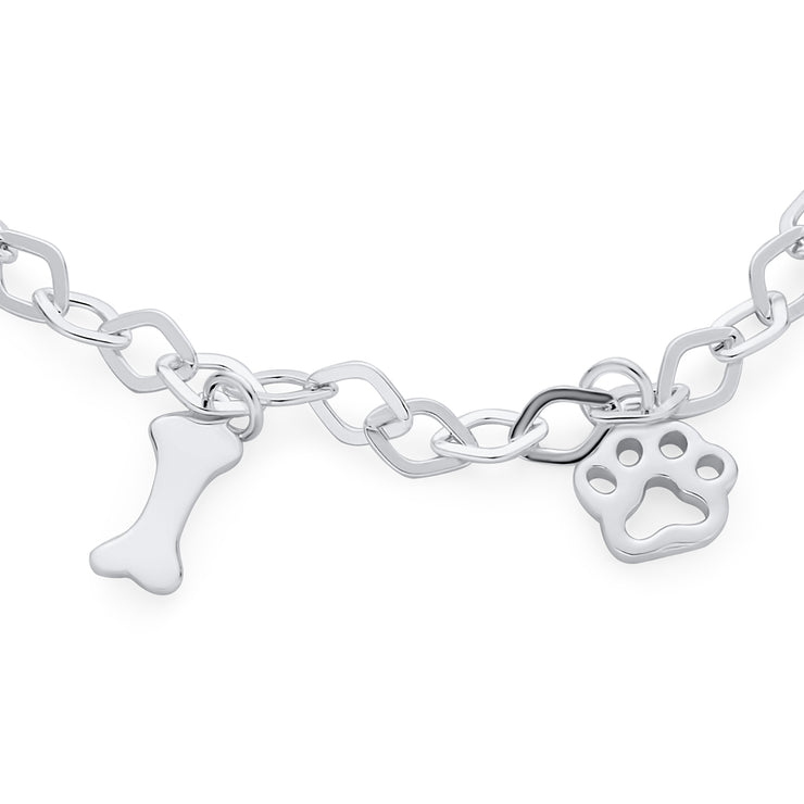 Pet Dog Puppy Heart Bone Paw Print Dangle Charm Bracelet .925 Silver