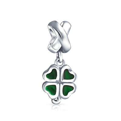 Good Luck Celtic Shamrock Dangle Charm Bead in Green Enamel Sterling Silver