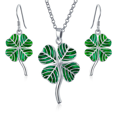 Irish Jewelry Set Shamrock Charm Green Clover Earrings Pendant Necklace Silver