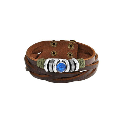 Blue Multi-Charm Braid Leather Wrap Bracelet with Oxidized Gold Accents