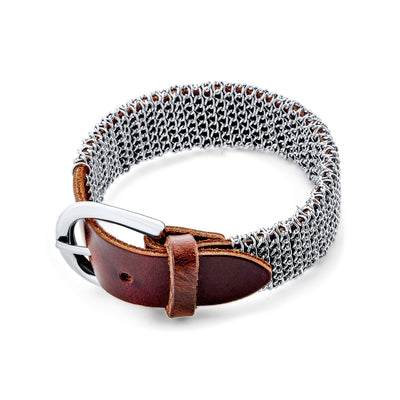 Hip Hop Wrap Bracelet Punk Rocker Metal Mesh Chain with Brown Leather Buckle