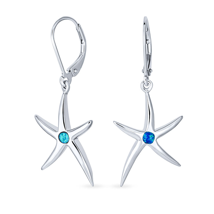 Blue Created Opal Nautical Starfish Drop Earrings .925 Sterling Silver