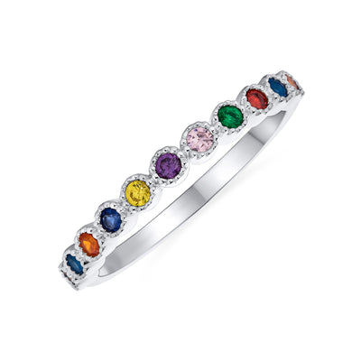 LGBTQ Rainbow Multi Color CZ Half Thin Eternity Ring .925 Silver