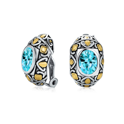 Two Tone Oval Clip On Earrings Imitation Aquamarine CZ Silver Plated