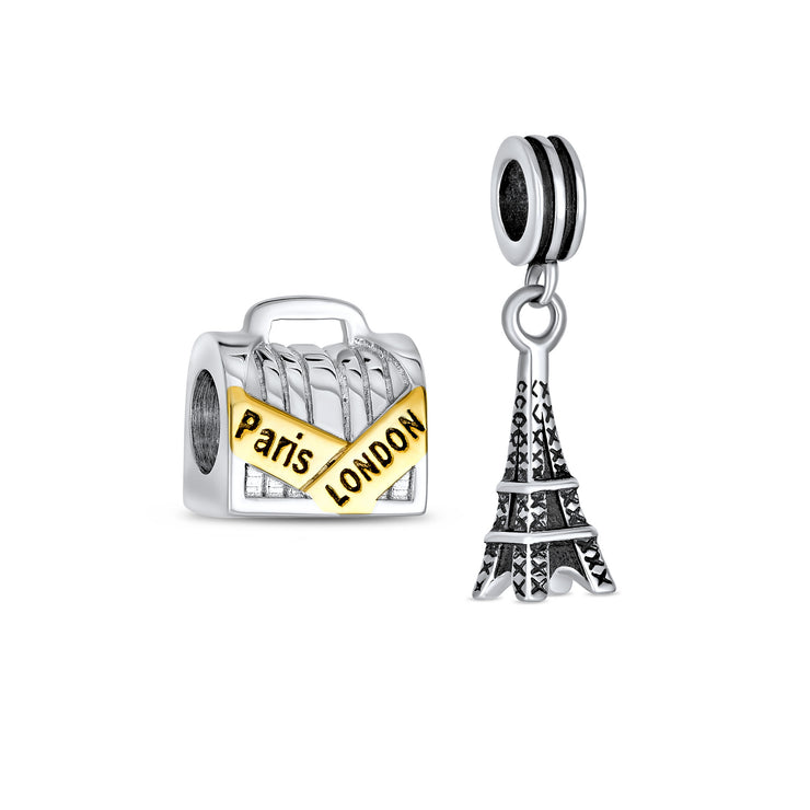 Set of 2 London Travel Suitcase Luggage Paris Eiffel Tower Dangle Charm Bead