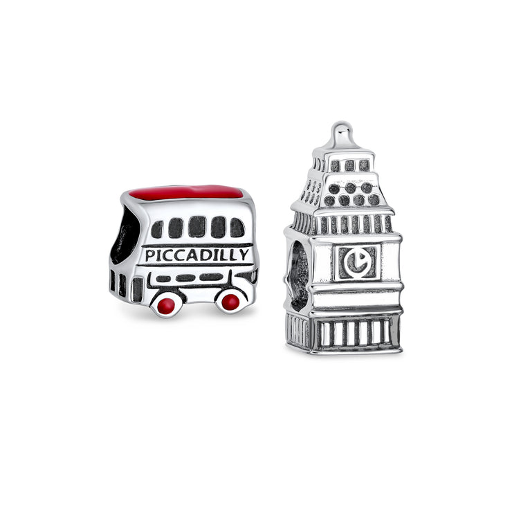Set of 2 London Big Ben and Double Decker Bus Charm Bead Sterling Silver