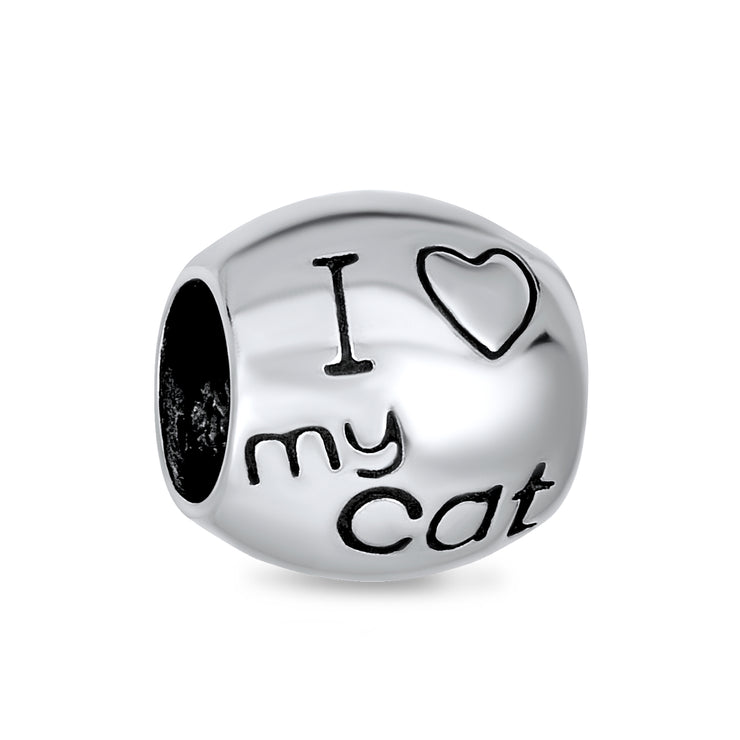 Set of 2 Kitten Black Cat & I Love My Cat Charm Bead Enamel Silver for Bracelet