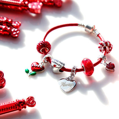 Love Red Heart Bead Multi Charms Bracelet Leather .925 Sterling Silver