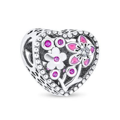 CZ Accent Love Pink Red Enamel Flower Heart Shape Charm Bead Silver