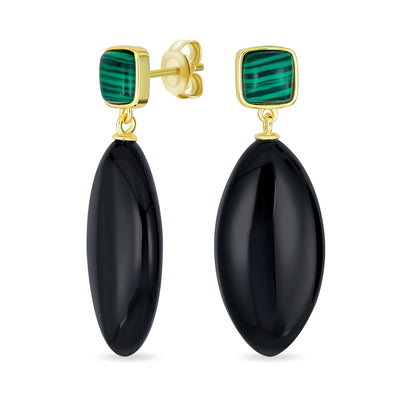 Unique Geometric Dangle Gemstone Earrings with Malachite & Onyx in Gold Plated