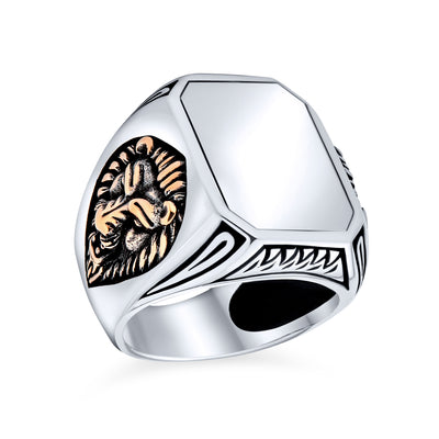 Mens Silver Ring Vintage Lion Signet King of Jungle Rectangle Oxidized .925 Silver