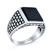 Retro Classic Mens Silver Ring with Black Onyx Gemstone Rectangle Signet Design