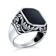 Retro Vintage Mens Silver Ring Leaf Vine Black Onyx Gemstone Signet Jewelry 925 Sterling