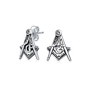 Square and Compass Masonic Freemason Stud Earrings Sterling Silver