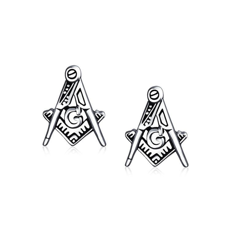Set of 2 Tiny Masonic Freemason Stud Earrings and Brooch Pin Oxidized Silver
