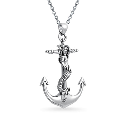 Nautical Anchor Mermaid Pendant Necklace in Oxidized Sterling Silver